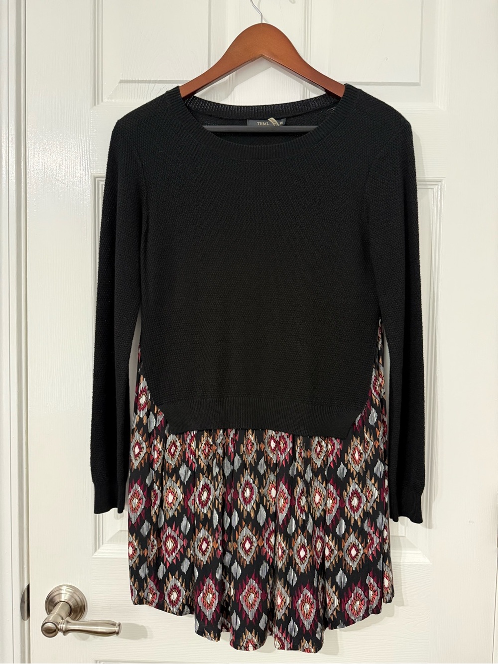 THML Black Knit Long-Sleeve Dress with Patterned Geometric Skirt